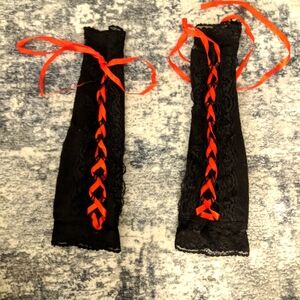 Black Lace Arm Warmers with Red Ribbon M